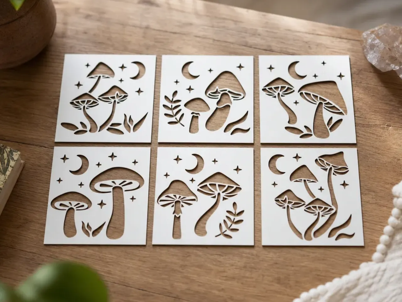 [Laser cut and engrave] Mushroom and Celestial Moon Square Stencils