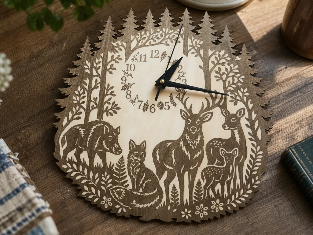 Horloge murale en bois avec motif de forêt et animaux sauvages