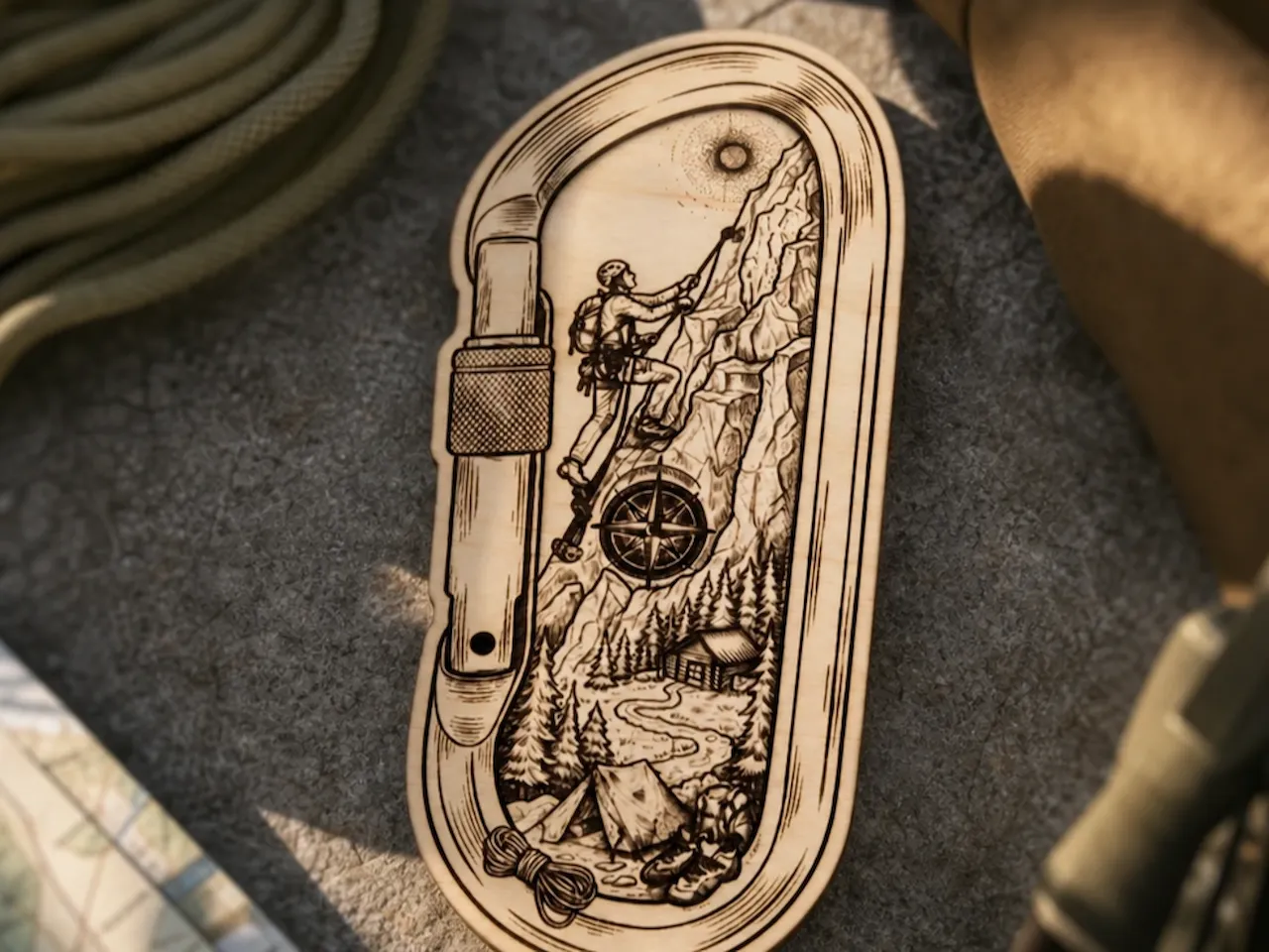 [Laser cut and engrave] Carabiner Shaped Wall Art Featuring Mountain Climbing and Camping Scene