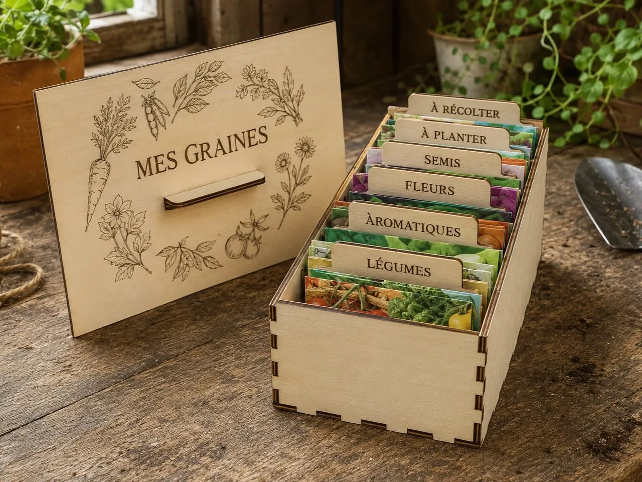 [Laser cut and engrave] Boîte de rangement en bois pour sachets de graines de jardin