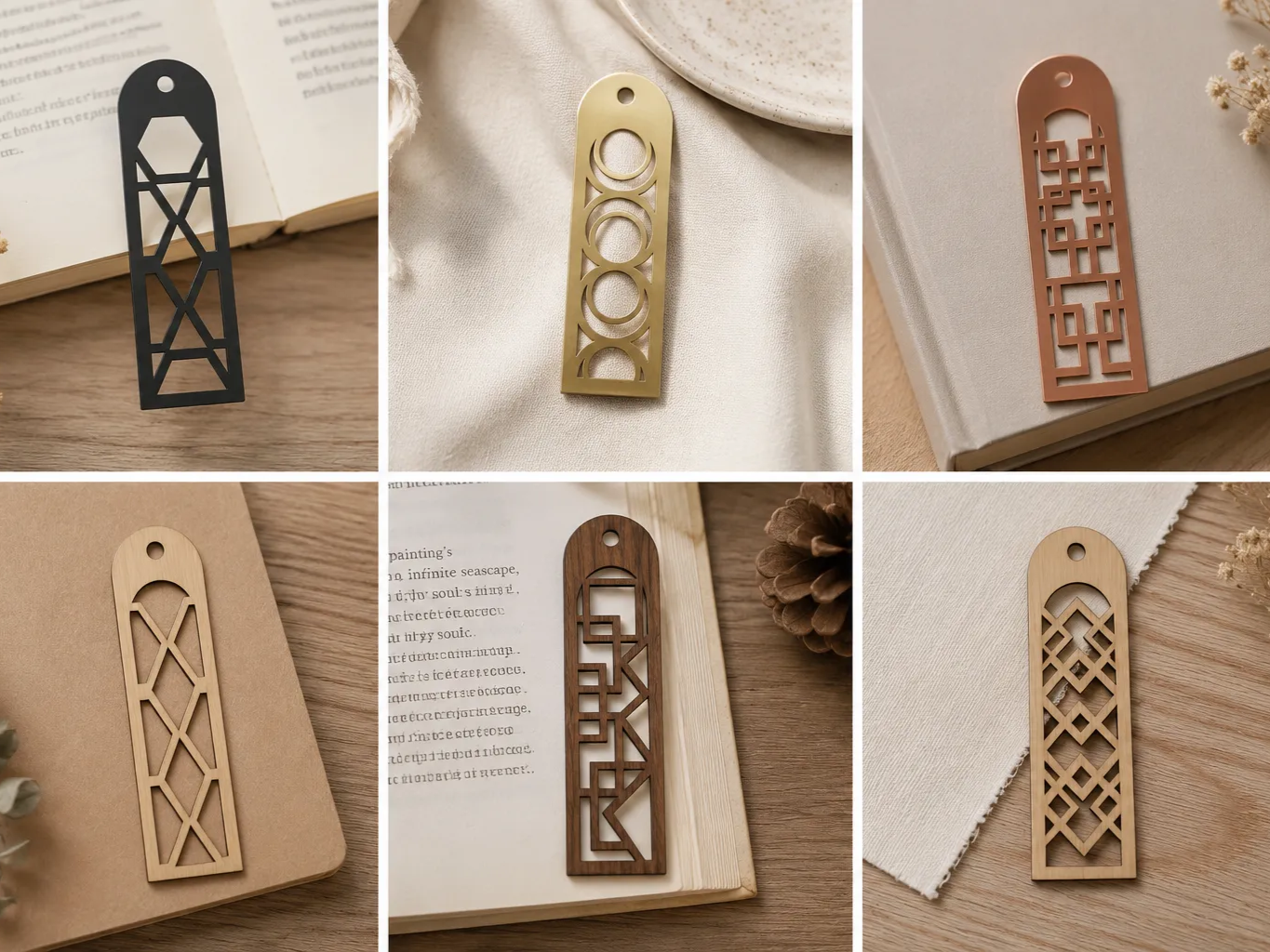 Set of 6 Geometric patterned metal and wood bookmarks