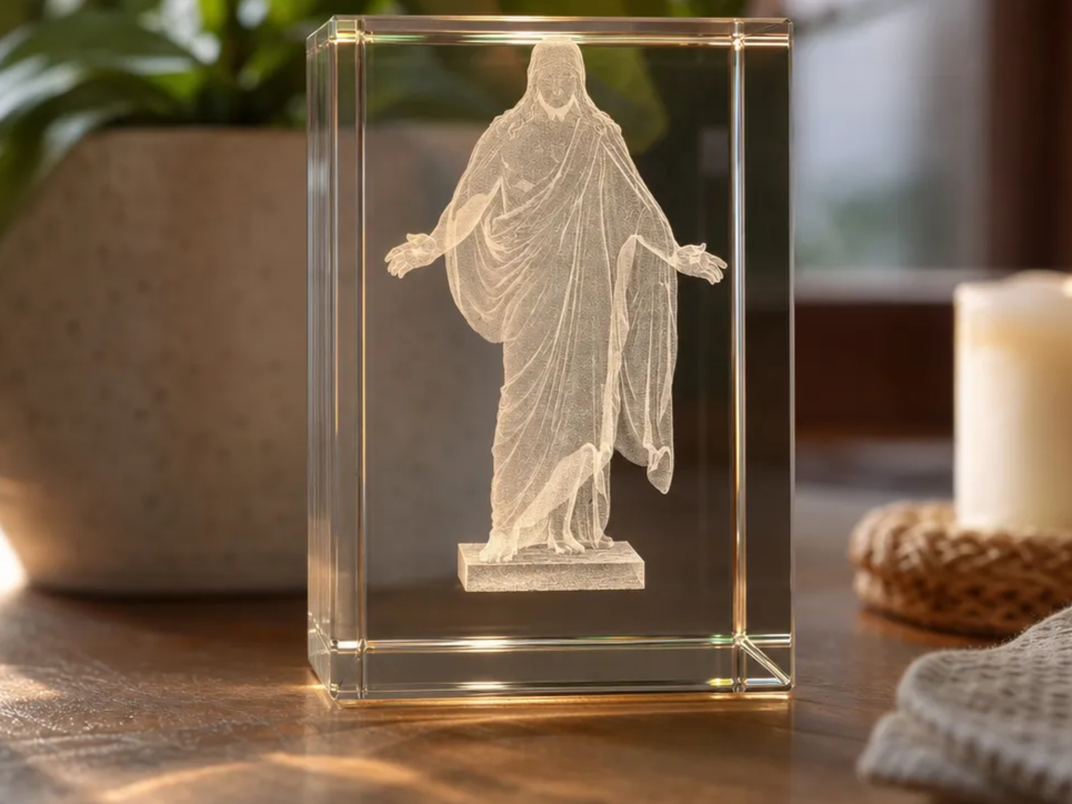 Crystal Glass Block Featuring Jesus Christ Figure