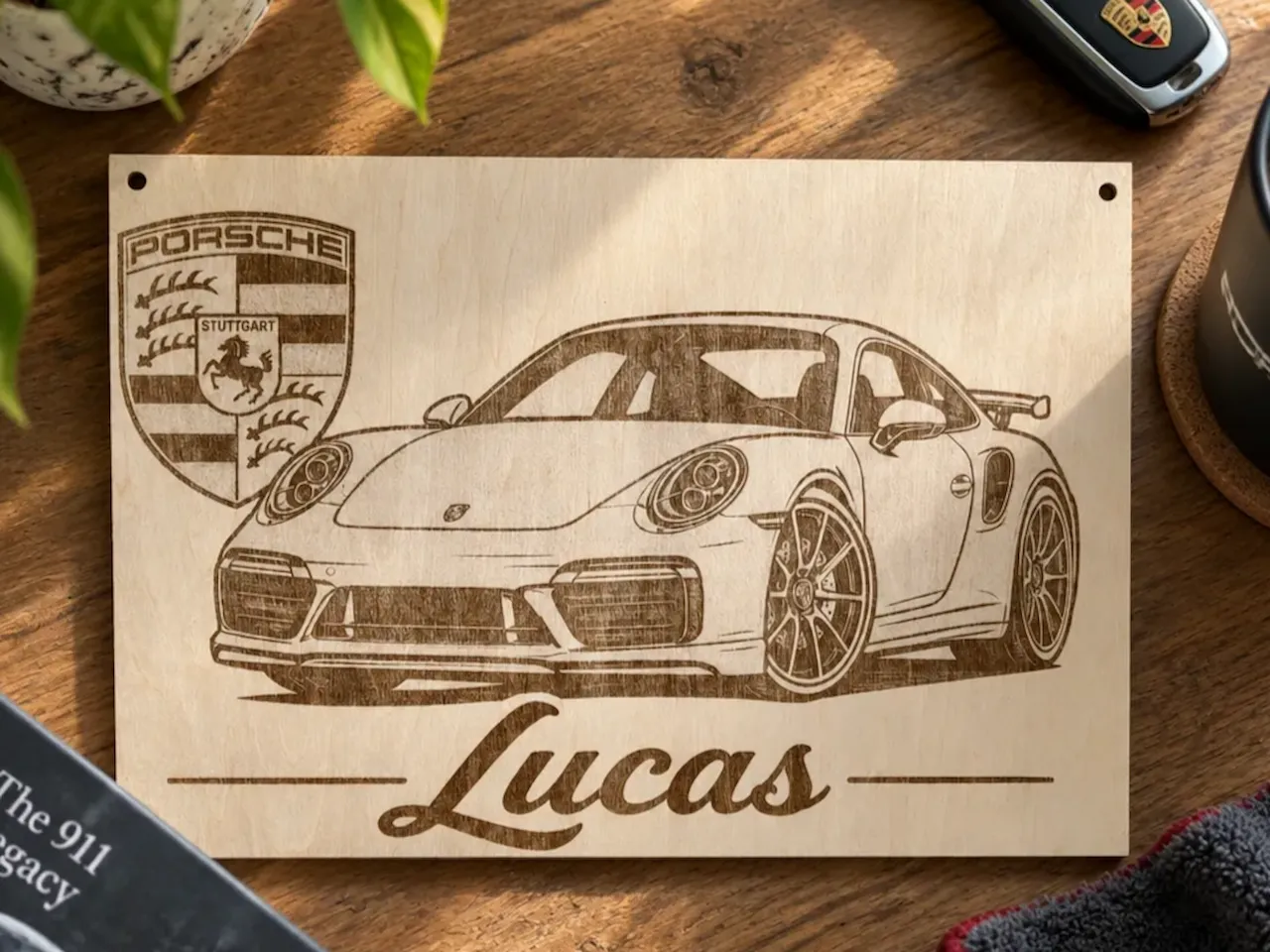 [Laser cut and engrave] Plaque en bois personnalisée avec illustration de voiture de sport Porsche