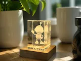 [Laser cut and engrave] Clear Crystal Cube with Robot Character and Personalized Name Base