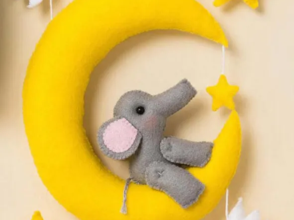 Felt Yellow Crescent Moon Nursery Wall Hanging with elephant