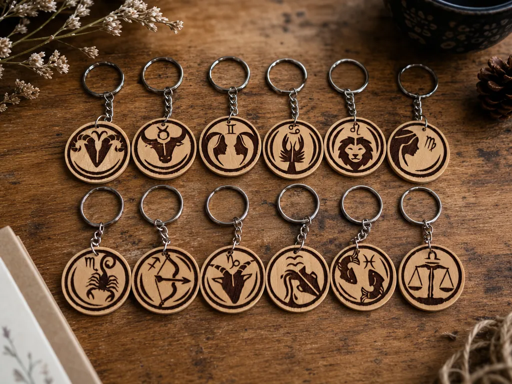 Porte-clés en bois avec symboles des douze signes du zodiaque