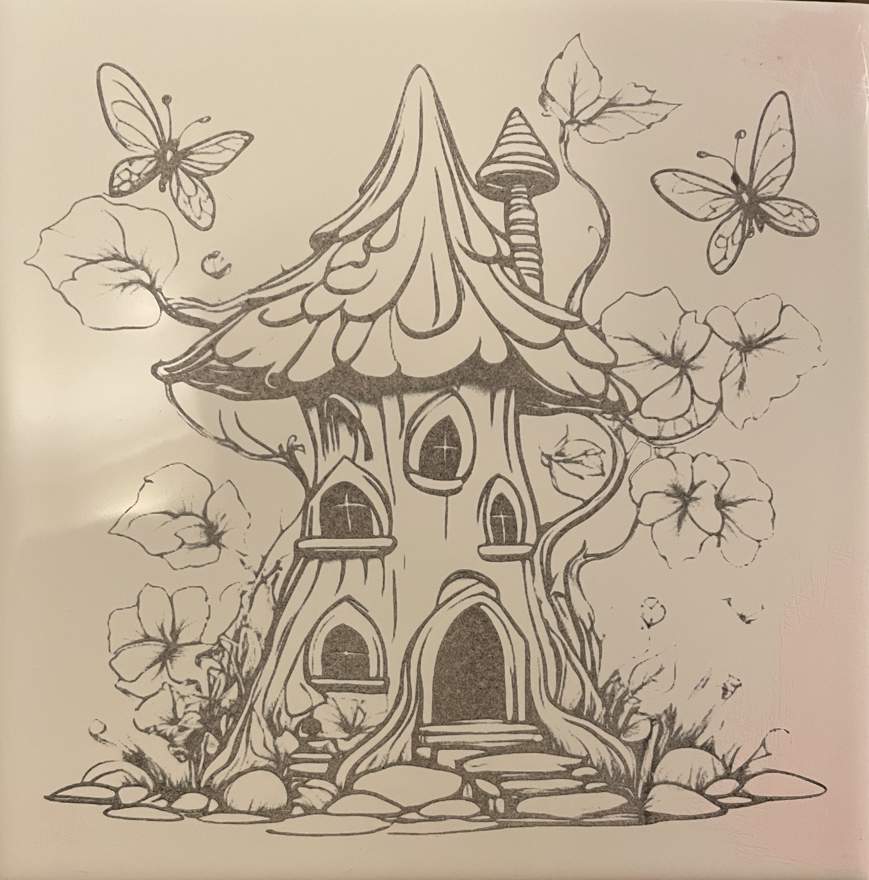 [Laser cut and engrave] Ceramic Tile Featuring Whimsical Fairy Mushroom House and Butterfly Illustration