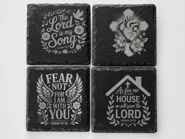 Set of Four Square Slate Coasters with Religious Scripture and Floral Motifs