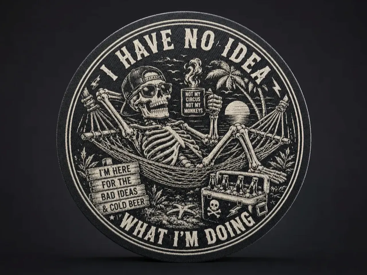 [Laser cut and engrave] I Have No Idea What I'm Doing Skeleton Hammock Round Coaster