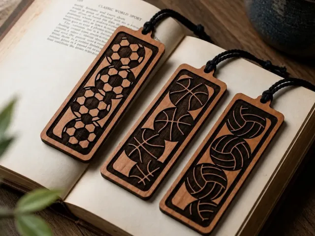 Sports Themed Wooden Bookmarks with Soccer, Basketball, and Volleyball Motifs