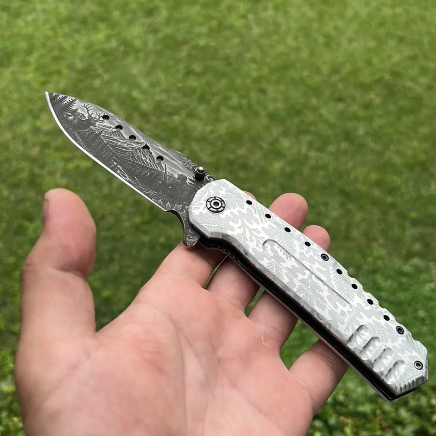 [Laser cut and engrave] Folding pocket knife with mountain landscape and forest leaf pattern