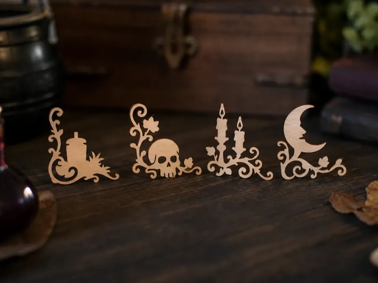 [Laser cut and engrave] Gothic Corner Accents Featuring Skull, Moon, and Candle Motifs
