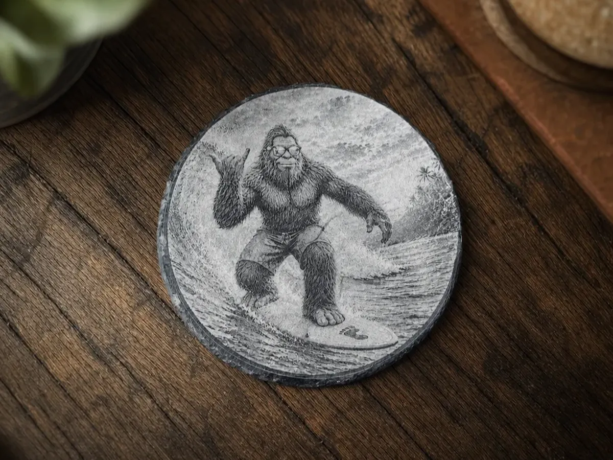[Laser cut and engrave] Round Slate Coaster Featuring Bigfoot Surfing