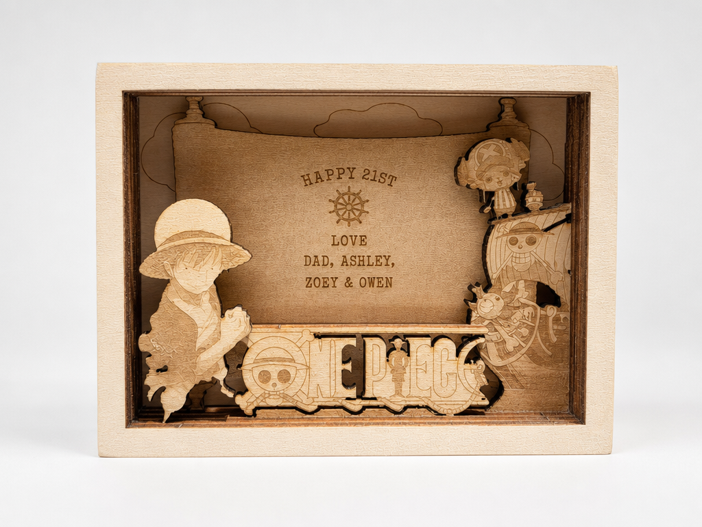 Layered wood shadow box with One Piece characters and personalized birthday message gift idea
