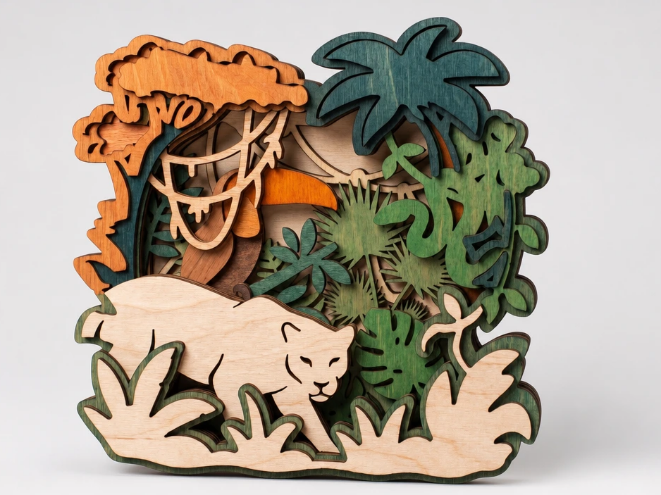 Layered Jungle Scene with Panther and Toucan Wall Art