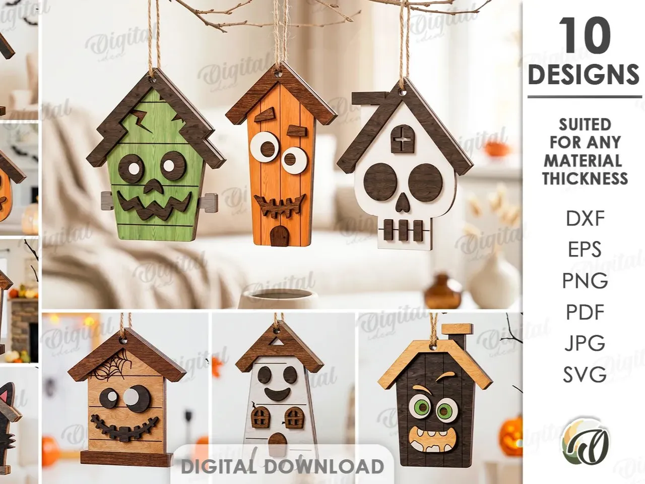 [Laser cut and engrave] Halloween House Ornaments Bundle. Wooden Hanging Decor Laser Cut Files. Spooky House Decor. Kids. Children. Scary Mansion SVG