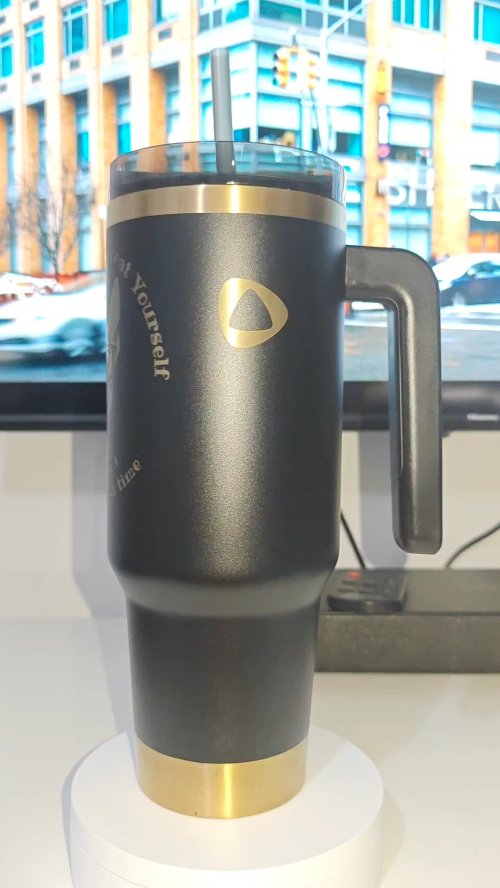 [Laser cut and engrave] Black Tumbler Featuring Bull Terrier Wearing Glasses and Quote