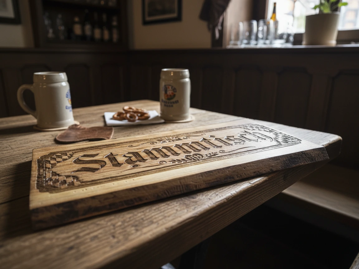 Rustikales Holzschild mit Stammtisch Gravur für den Wirtshaustisch