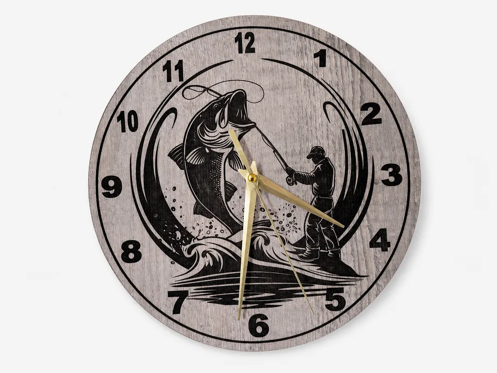 Horloge murale ronde avec motif de pêcheur et poisson