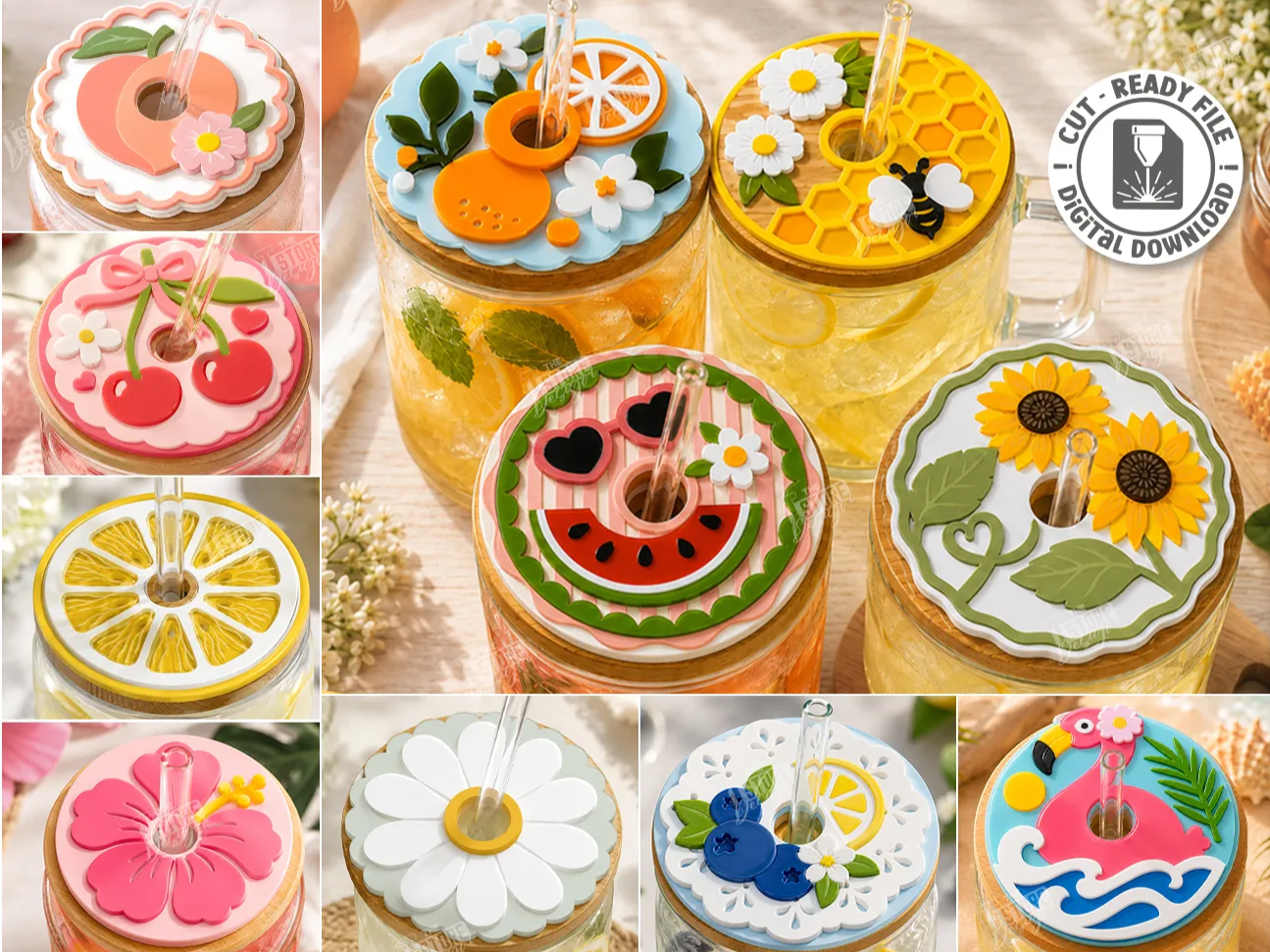 Decorative Acrylic Toppers for Glass Tumbler Lids with Straw Holes Laser Cut Bundle. Summer Designs