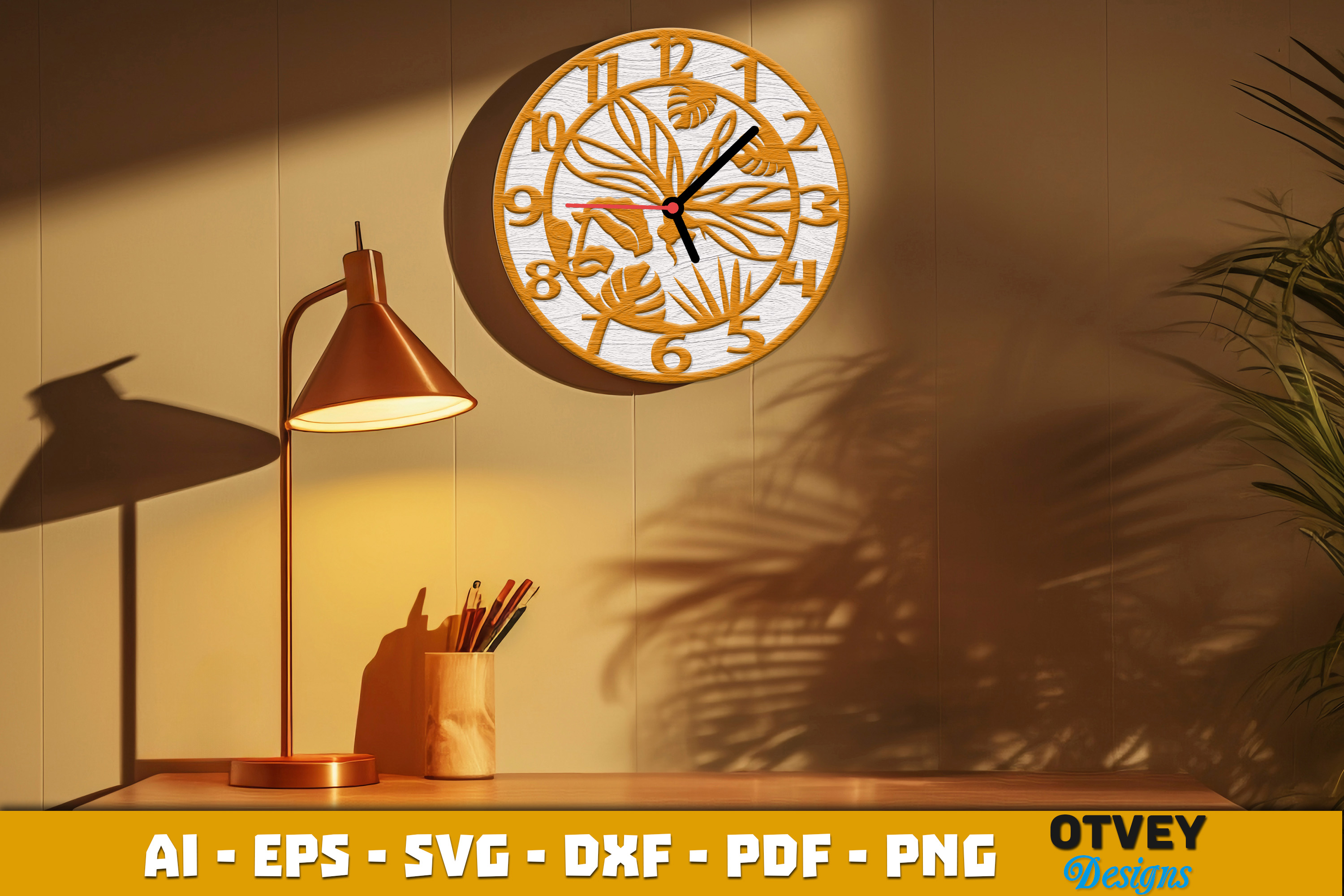 [Laser cut and engrave] Dragonfly Themed Round Wall Clock with Tropical Leaf Patterns