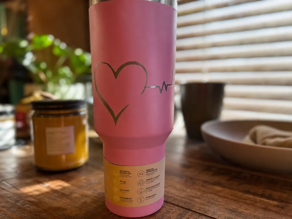 Pink Insulated Tumbler with Heart EKG Pulse Design