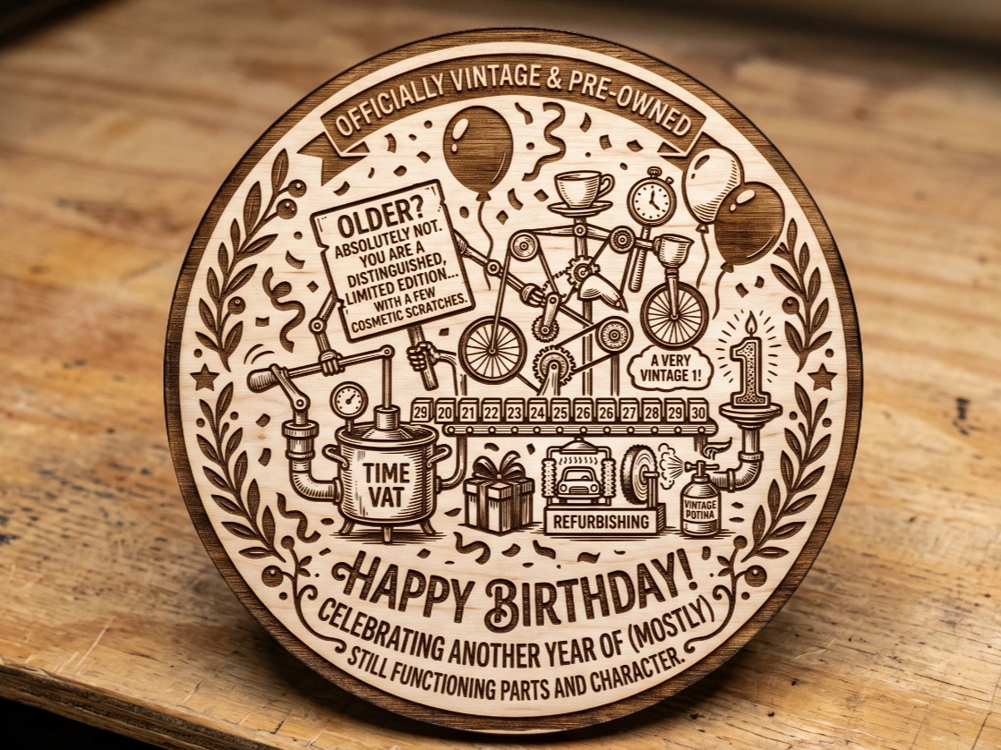 Rundes Holzschild mit lustigem Geburtstag Spruch für Vintage Liebhaber
