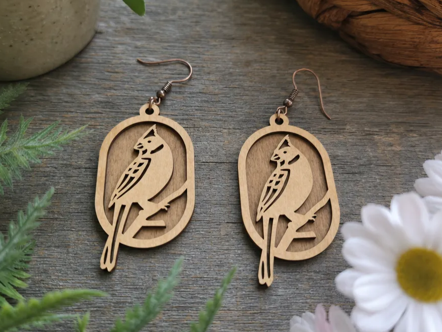 Cardinal Bird Oval Wooden Dangle Earrings