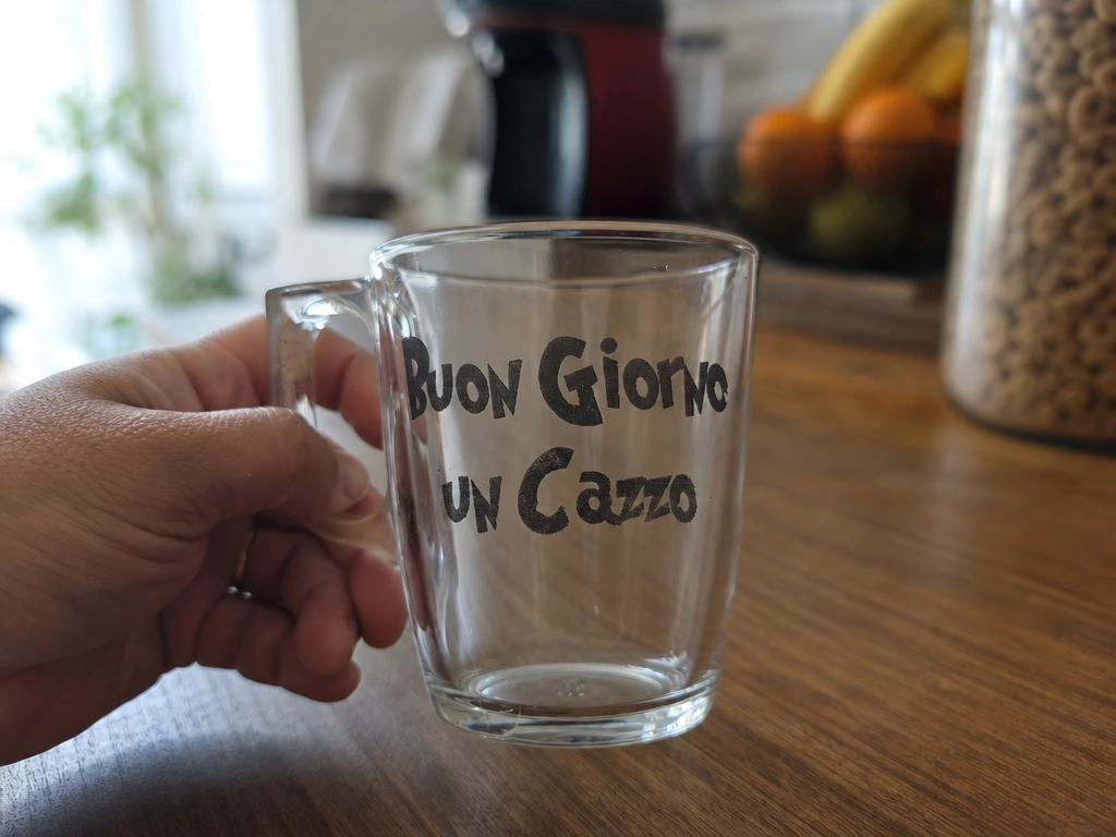 Tazza in vetro trasparente con scritta ironica Buon Giorno Un Cazzo