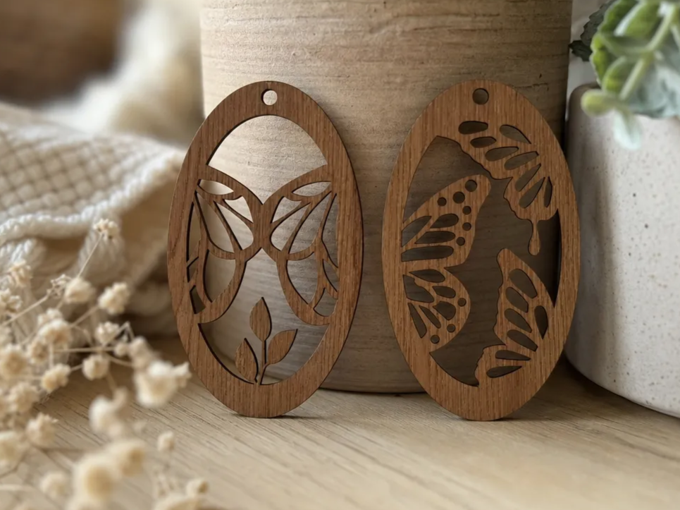 Oval Butterfly Motif Wooden Earring Pendants