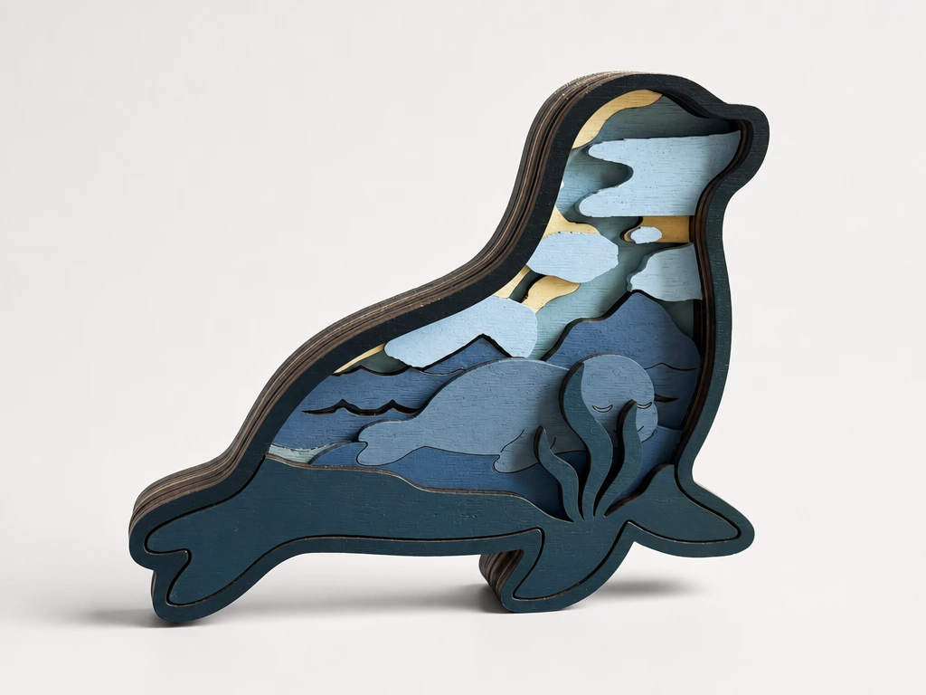 Layered Wooden Seal Silhouette with Ocean and Mountain Landscape