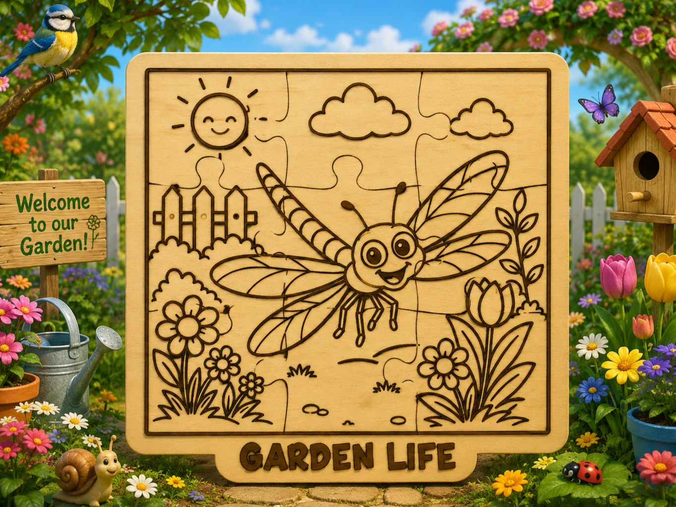 Cute Dragonfly Garden Life Wooden Puzzle SVG & XCS | Montessori Nature Toy | Laser Cut Kids Educational Puzzle | Spring Garden Activity