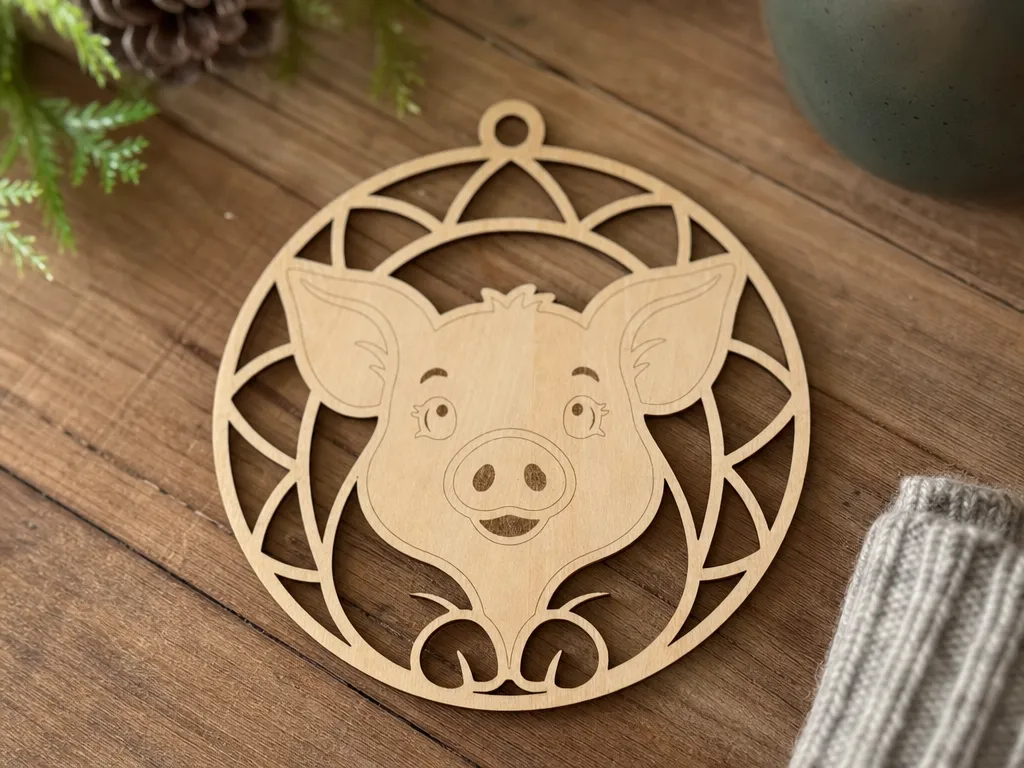 Pig Circular Wall Hanging or Ornament on wood
