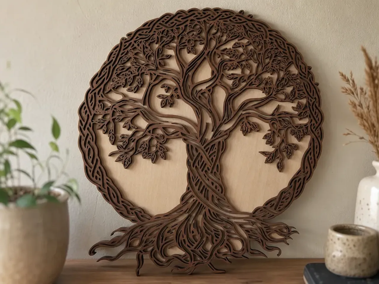 [Laser cut and engrave] Décoration murale ronde en bois représentant l'arbre de vie avec motifs celtiques