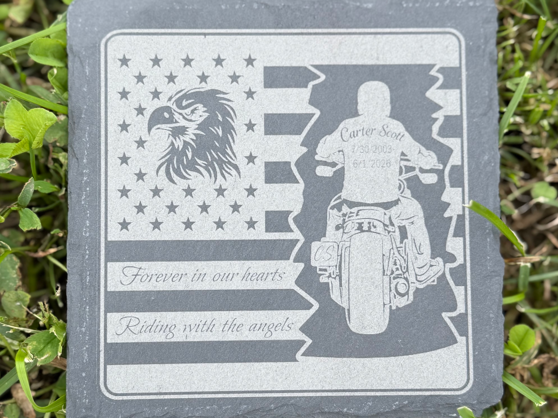 Memorial Slate Plaque with American Flag Eagle and Motorcycle Rider Tribute
