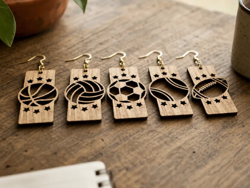 Wooden Sports Ball Dangle Earrings with Star Accents