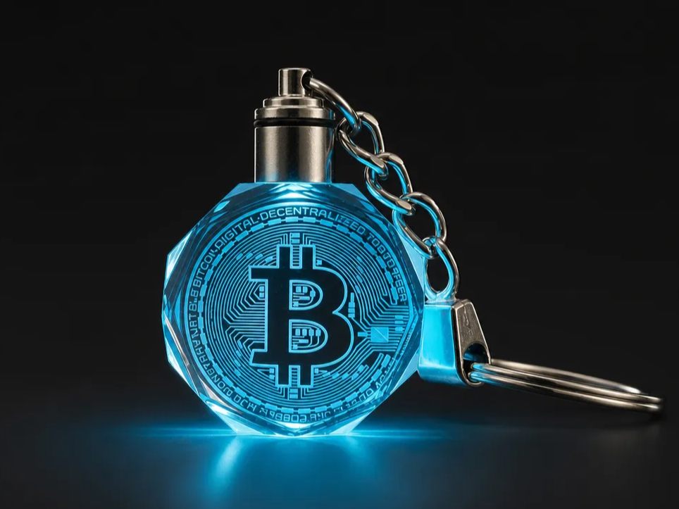 Leuchtender Bitcoin Schlüsselanhänger aus Kristallglas