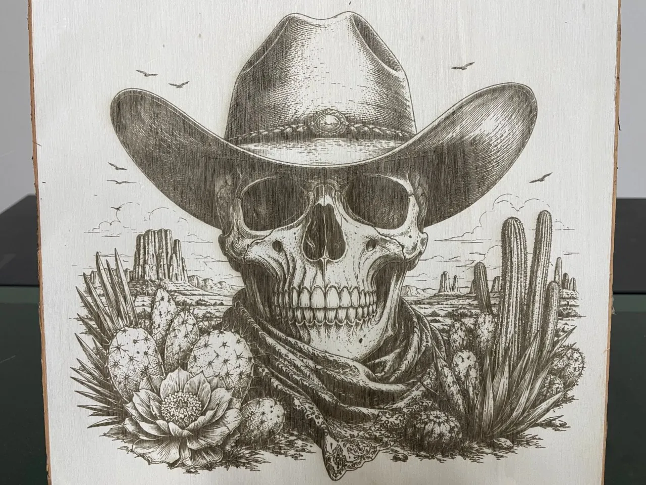 [Laser cut and engrave] Western Cowboy Skull with Cactus and Desert Landscape Wall Art