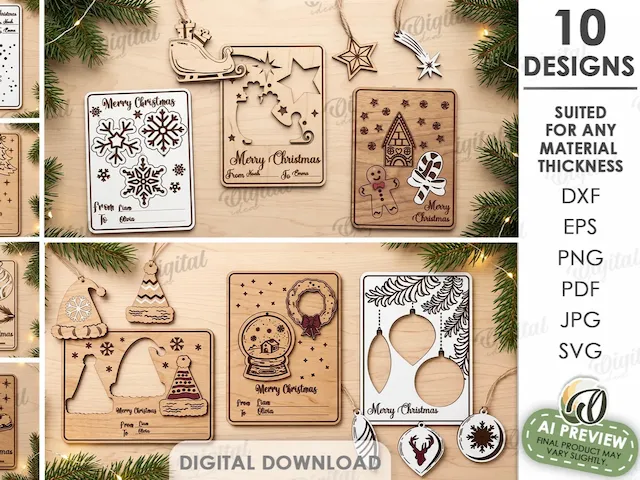 Christmas Ornament Cards Bundle. Holiday Greeting Cards with 3 Ornaments Laser Cut.  Personalized Keepsake Gift. Wooden Christmas Decor SVG