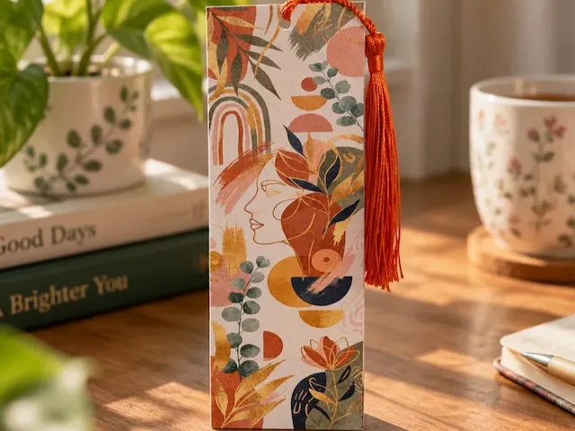 Marque-page avec motif abstrait bohème et pompon orange