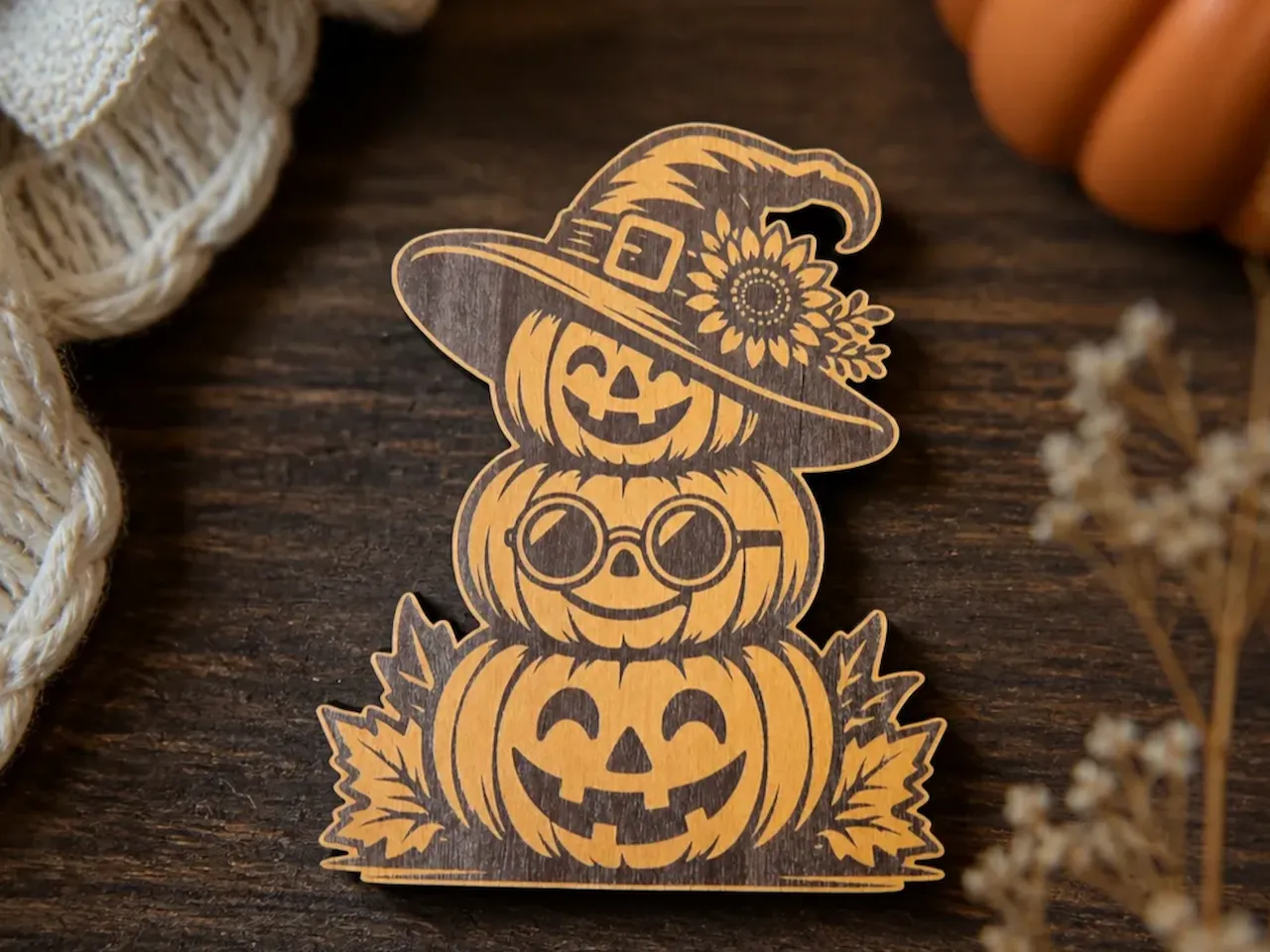 [Laser cut and engrave] Stacked Jack-o'-lantern Pumpkins with Witch Hat and Sunflower