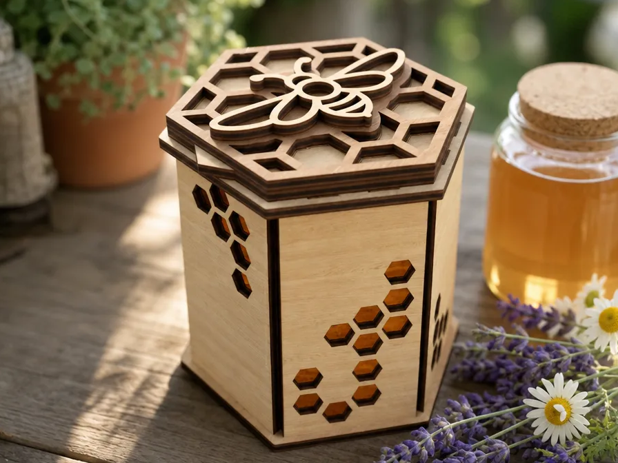 Hexagonal Wooden Honeycomb Storage Box with Bee Motif Lid Laser Cut