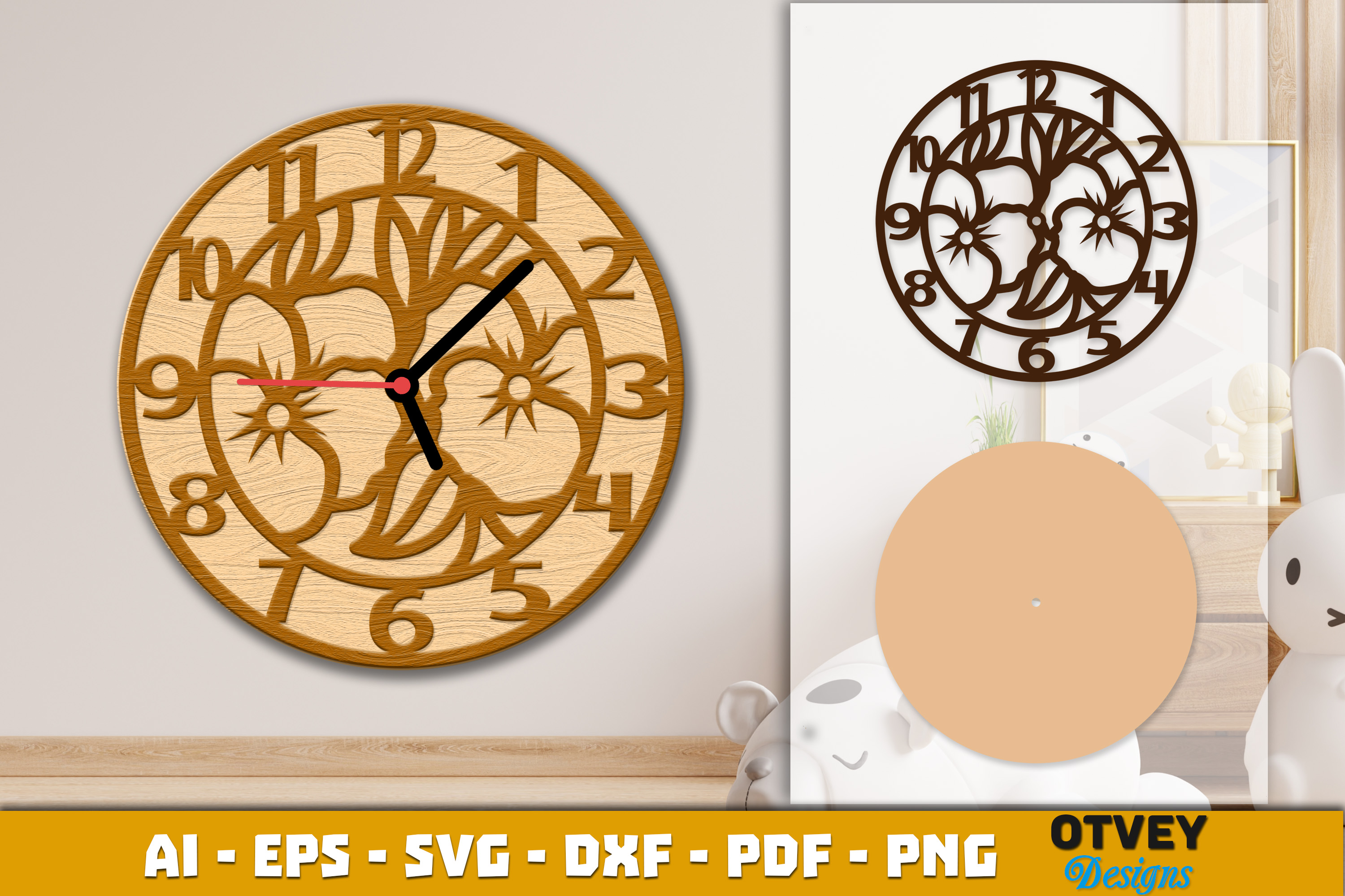 [Laser cut and engrave] Wooden Flower Wall Clock Lasercut 10 Designs