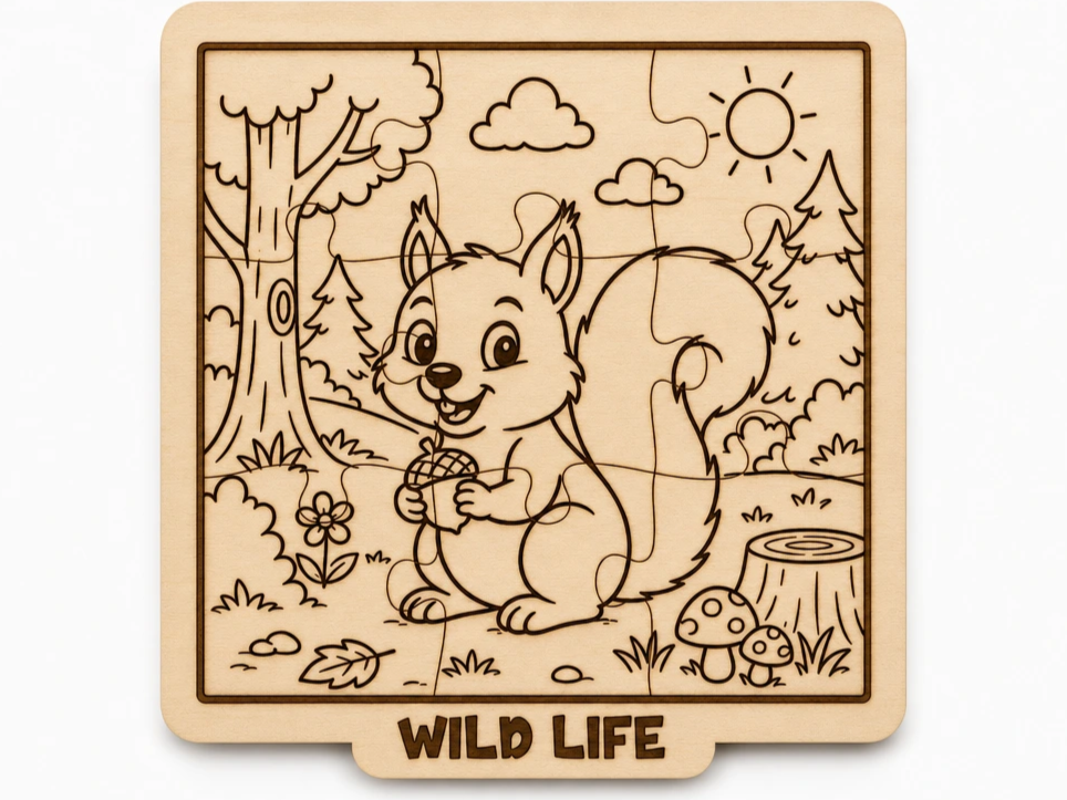 Happy Squirrel Wild Life Puzzle SVG XCS | Wooden Forest Animal Laser Cut Design | Montessori Nature Learning Activity | DIY Puzzle