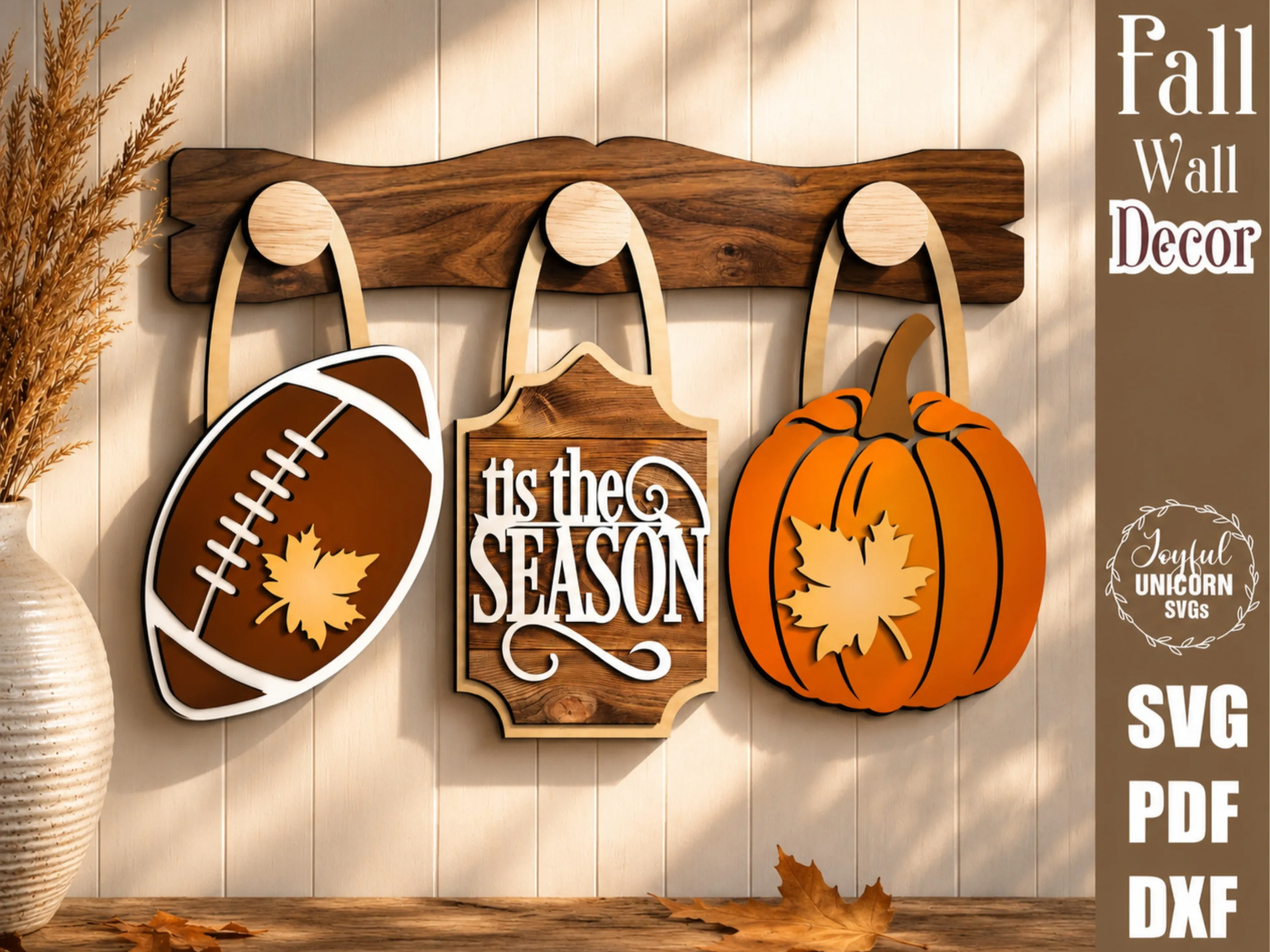 Interchangeable Fall Decor Wall Peg Hanging, Set of 3 Pieces, Fall Themed Football and Pumpkin Wall Hanging Sign Ser, Laser Cut File
