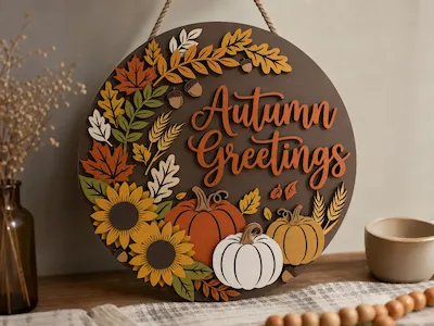 Autumn Greetings Round Wall Hanging with Pumpkins and Sunflowers