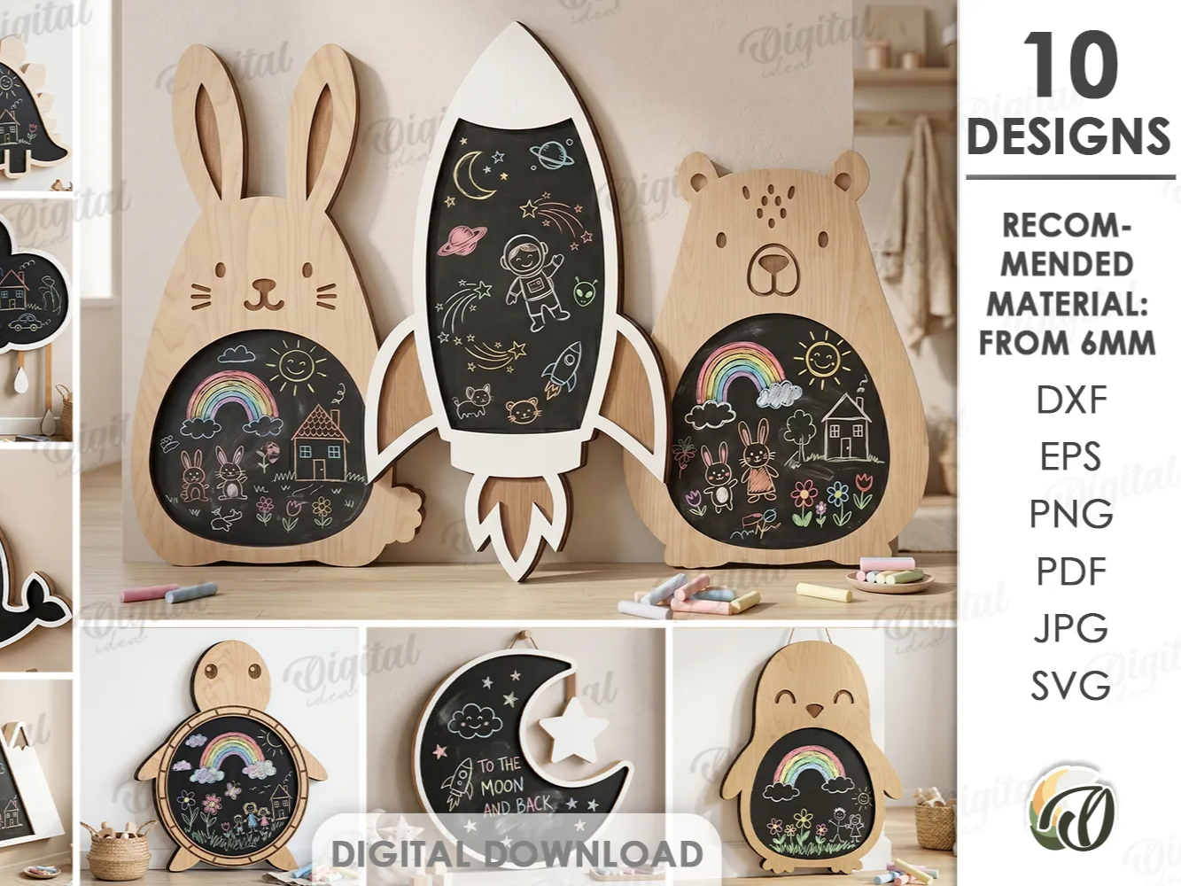 3D Kids wall chalkboards Bundle. 10 drawing boards Laser cut files. Nursery & Playroom decor. Cute animals SVG. Wooden wall chalkboard