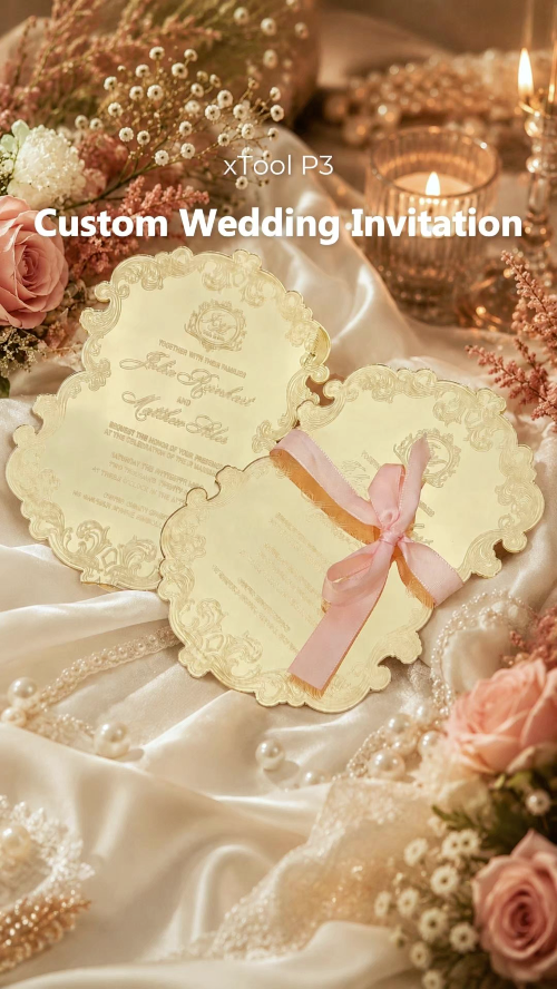 [Laser cut and engrave] Ornate Gold Mirror Wedding Invitation