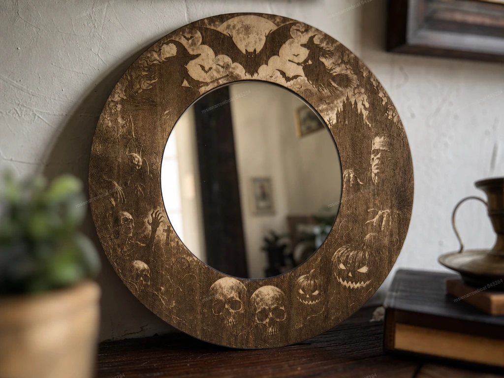 Round Halloween Mirror with Spooky Witch Bat and Skull Motif