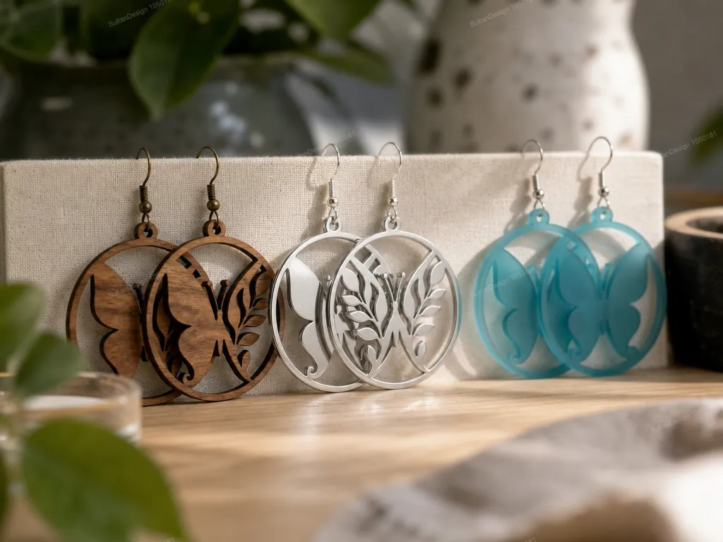 Butterfly Motif Circular Dangle Earrings in Wood, Silver, and Blue Acrylic